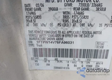 2006 Ford F-150 Fx4/Lariat/Xlt from USA, damaged, VIN 1FTPW14V76FA96031